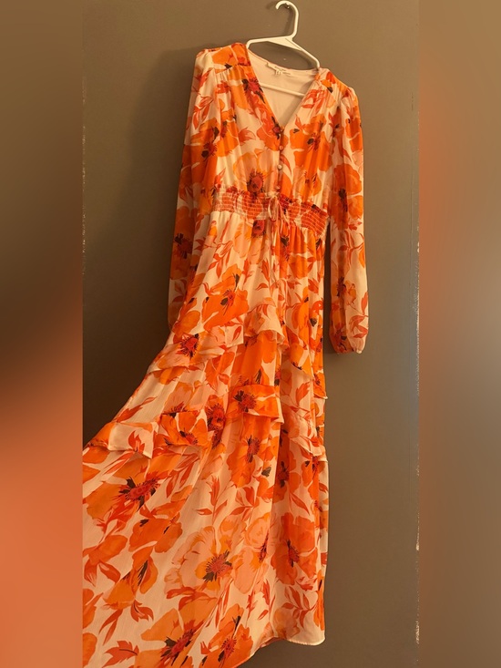 Haven & Blair Dresses & Skirts - Orange Floral Long-Sleeve Maxi Dress with Smocked Waist